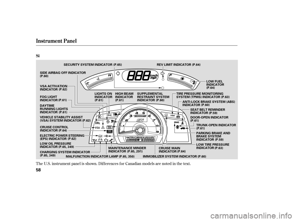 HONDA CIVIC 2009 8.G Owners Manual The U.S. instrument panel is shown. Dif f erences f or Canadian models are noted inthe text.
Instrument Panel
Si
58
LOW FUEL 
INDICATOR
MAINTENANCE MINDER
INDICATOR
CRUISE CONTROL
INDICATOR
IMMOBILIZE