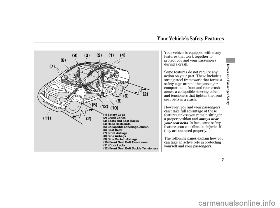 HONDA CIVIC 2009 8.G Owners Manual Your vehicle is equipped with many 
features that work together to
protect you and your passengers
during a crash. 
However, you and your passengers 
can’t take f ull advantage of these
f eatures un