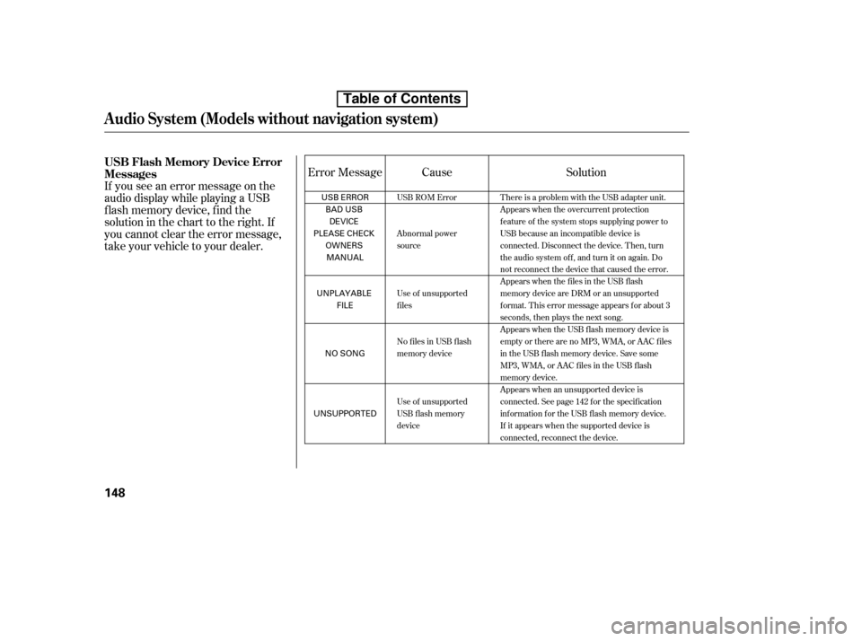 HONDA CIVIC 2010 8.G Owners Manual If you see an error message on the 
audio display while playing a USB
f lash memory device, f ind the
solution in the chart to the right. If
you cannot clear the error message,
take your vehicle to yo