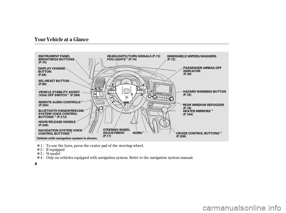 HONDA CIVIC 2010 8.G Owners Manual ÎÎ
Î
Î Î
Î
Î
Î
Î ÎÎÎ Only on vehicles equipped with navigation system. Ref er to the navigati on system manual.
To use the horn, press the center pad of the steering wheel.
If 