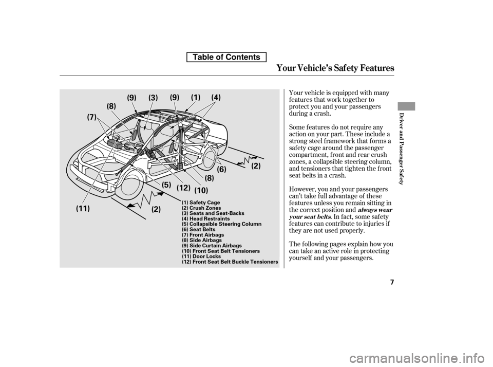 HONDA CIVIC 2010 8.G Owners Manual Your vehicle is equipped with many 
features that work together to
protect you and your passengers
during a crash. 
However, you and your passengers 
can’t take f ull advantage of these
f eatures un