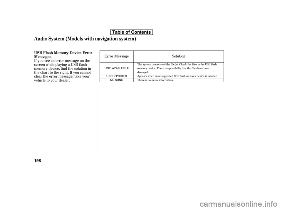 HONDA CIVIC 2010 8.G Owners Manual If you see an error message on the 
screen while playing a USB f lash
memory device, f ind the solution in
the chart to the right. If you cannot
clear the error message, take your
vehicle to your deal