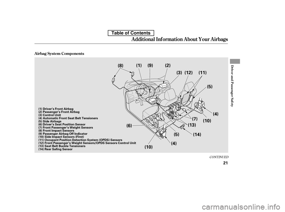 HONDA CIVIC 2010 8.G Owners Guide CONT INUED
A irbag System Components
Additional Inf ormation About Your Airbags
Driver and Passenger Saf ety
21
(9)
(8) (1) (2)
(3)
(5)
(4)
(13) (10)
(14)
(5)
(4)
(6)
(10) (12) (11)
(7)
(8) Front Impa HONDA CIVIC 2010 8.G Owners Guide CONT INUED
A irbag System Components
Additional Inf ormation About Your Airbags
Driver and Passenger Saf ety
21
(9)
(8) (1) (2)
(3)
(5)
(4)
(13) (10)
(14)
(5)
(4)
(6)
(10) (12) (11)
(7)
(8) Front Impa