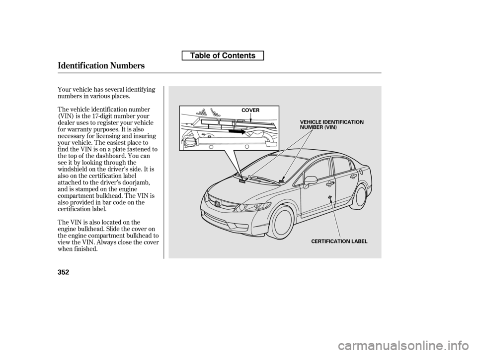 HONDA CIVIC 2010 8.G Owners Manual Your vehicle has several identif ying 
numbers in various places. 
The vehicle identif ication number 
(VIN) is the 17-digit number your
dealer uses to register your vehicle
f or warranty purposes. It