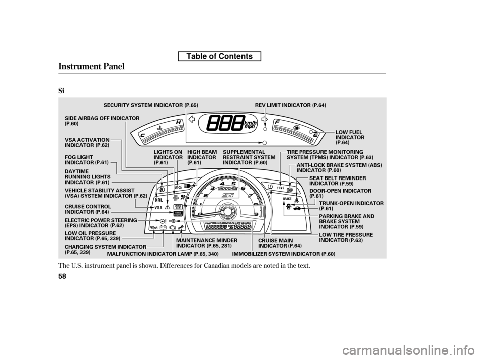 HONDA CIVIC 2010 8.G Owners Manual The U.S. instrument panel is shown. Dif f erences f or Canadian models are noted inthe text.
Instrument Panel
Si
58
LOW FUEL 
INDICATOR
MAINTENANCE MINDER
INDICATOR
CRUISE CONTROL
INDICATOR
IMMOBILIZE