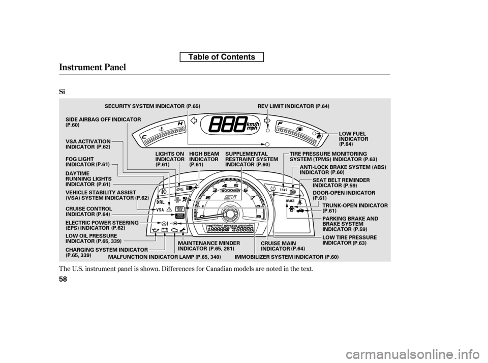 HONDA CIVIC 2010 8.G Manual PDF The U.S. instrument panel is shown. Dif f erences f or Canadian models are noted inthe text.
Instrument Panel
Si
58
LOW FUEL
INDICATOR
MAINTENANCE MINDER
INDICATOR
CRUISE CONTROL
INDICATOR
IMMOBILIZE HONDA CIVIC 2010 8.G Manual PDF The U.S. instrument panel is shown. Dif f erences f or Canadian models are noted inthe text.
Instrument Panel
Si
58
LOW FUEL
INDICATOR
MAINTENANCE MINDER
INDICATOR
CRUISE CONTROL
INDICATOR
IMMOBILIZE