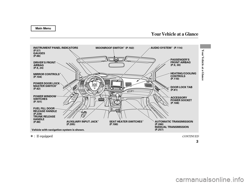 HONDA CIVIC 2011 8.G Owners Manual Î
Î
Î
Î
Î
Î
Î
CONT INUED: If equipped
Your Vehicle at a Glance
Your Vehicle at a Glance
3
Vehicle with navigation system is shown.DRIVER’S FRONT 
AIRBAG
AUDIO SYSTEM
MOONROOF SWITCH
DO