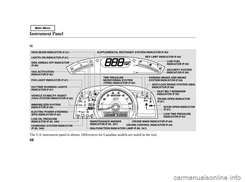 HONDA CIVIC 2011 8.G Repair Manual The U.S. instrument panel is shown. Dif f erences f or Canadian models are noted inthe text.
Instrument Panel
Si
58
ANTI-LOCK BRAKE SYSTEM (ABS) 
INDICATOR
LOW TIRE PRESSURE
INDICATOR (P.63)
(P.61)
SE