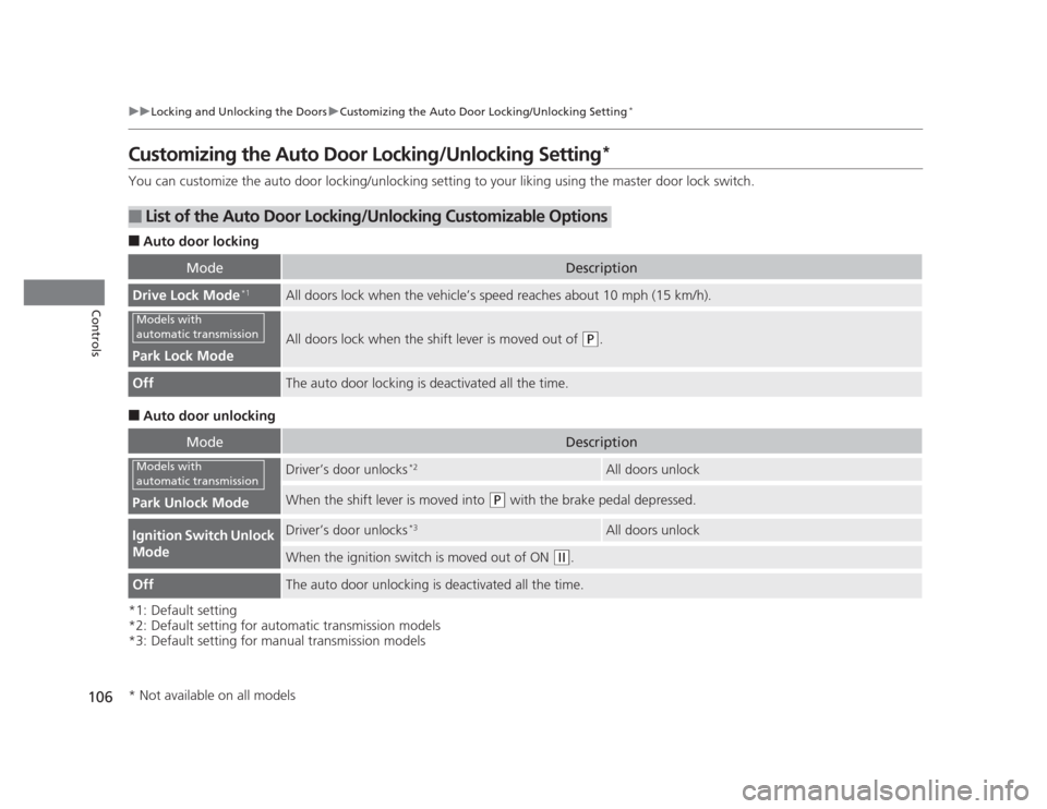 HONDA CIVIC 2012 9.G Owners Manual 106
uuLocking and Unlocking the DoorsuCustomizing the Auto Door Locking/Unlocking Setting*
Controls
Customizing the Auto 
Door Locking/Unlocking Setting *
You can customize the auto door locking/unloc