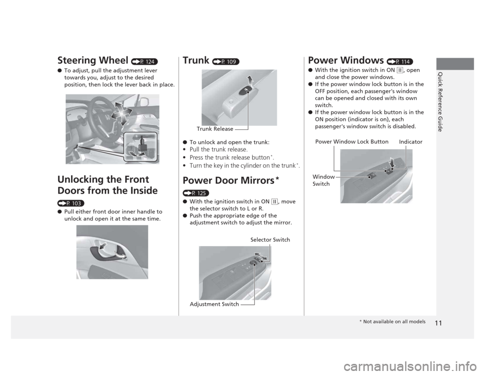 HONDA CIVIC 2012 9.G Owners Manual 11
Quick Reference Guide
Steering Wheel (P 124)
● To adjust, pull the adjustment lever  
towards you, adjust to the desired  
position, then lock the lever back in place.
Unlocking the Front  Doors 