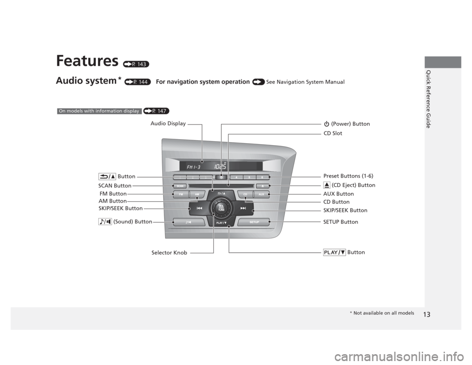 HONDA CIVIC 2012 9.G User Guide 13
Quick Reference GuideFeatures (P 143)
Audio system *
(P 144) For navigation system operation () See Navigation System Manual
Audio Display
AM Button FM Button (Power) Button
CD Button
AUX But HONDA CIVIC 2012 9.G User Guide 13
Quick Reference GuideFeatures (P 143)
Audio system *
(P 144) For navigation system operation () See Navigation System Manual
Audio Display
AM Button FM Button (Power) Button
CD Button
AUX But