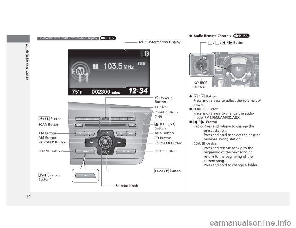 HONDA CIVIC 2012 9.G Owners Manual 14
Quick Reference Guide
002300
75°F miles
  (P 155)On models with multi-information display
Multi-Information Display
AM Button FM Button
SCAN Button
SKIP/SEEK Button
Selector Knob
 Button
 (Sound) 