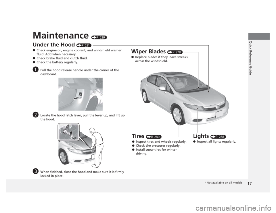 HONDA CIVIC 2012 9.G Owners Manual 17
Quick Reference GuideMaintenance (P 239)
Under the Hood (P 251)
● Check engine oil, engine coolant, and windshield washer  
fluid. Add when necessary.
● Check brake fluid and clutch fluid.
● 