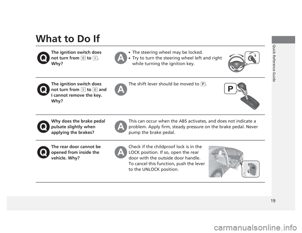 HONDA CIVIC 2012 9.G Owners Manual 19
Quick Reference GuideWhat to Do IfThe ignition switch does  not turn from 
(0 to (q . 
Why? ●
The steering wheel  may be locked.
● Try to turn the steering wheel left and right  
while turning 