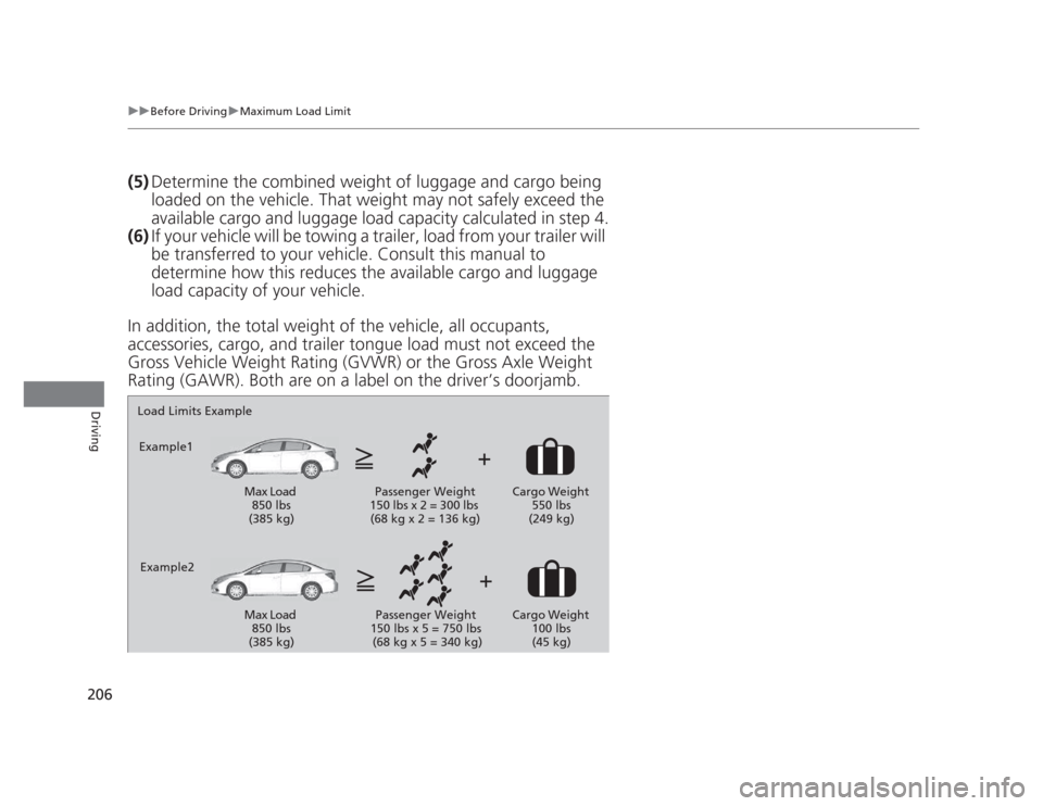 HONDA CIVIC 2012 9.G Owners Manual 206
uuBefore DrivinguMaximum Load Limit
Driving
(5)Determine the combin ed weight of luggage and cargo being 
loaded on the vehicle. That weight may not safely exceed the  
available cargo and luggage