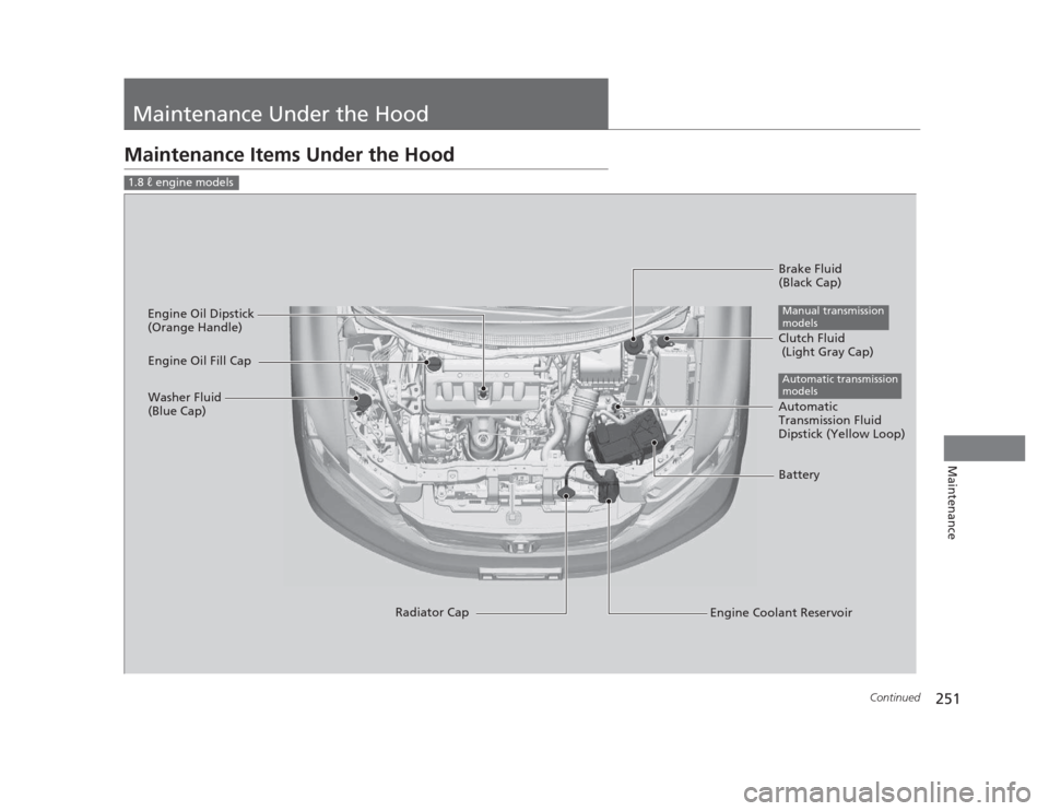 HONDA CIVIC 2012 9.G Owners Manual 251
Continued
Maintenance
Maintenance Under the Hood
Maintenance Items Under the Hood
1.8  engine models
Brake Fluid  
(Black Cap)
Engine Coolant Reservoir
Radiator Cap
Washer Fluid 
(Blue Cap)
Engin