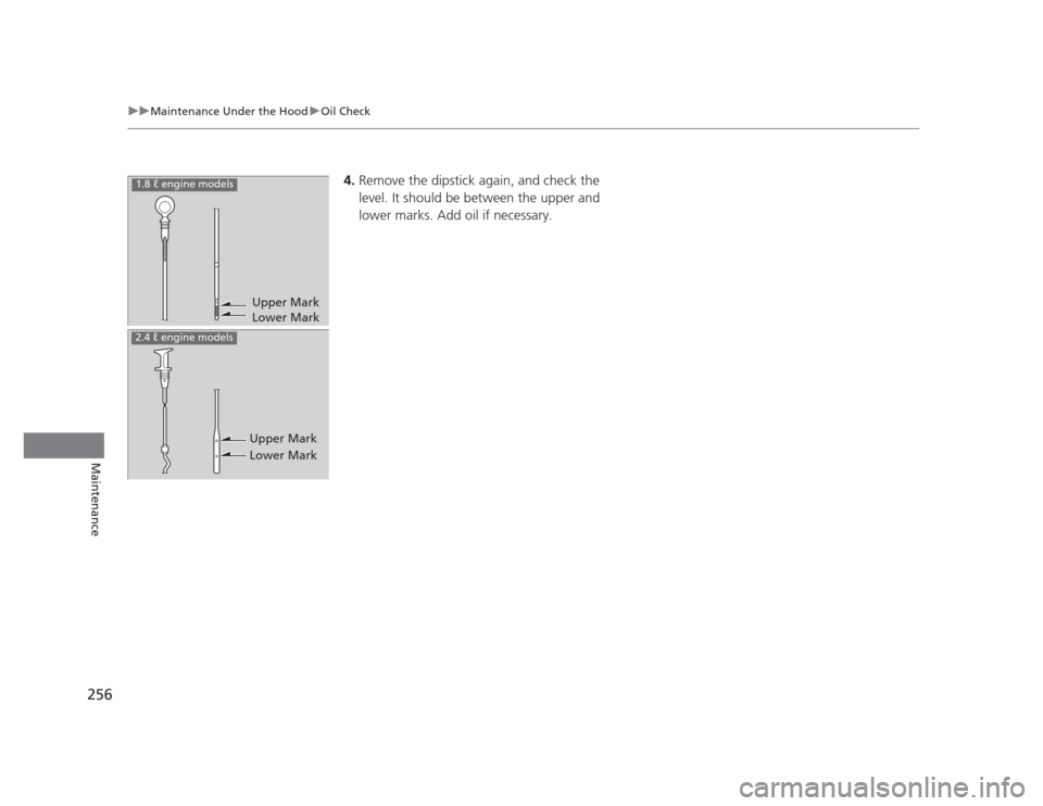 HONDA CIVIC 2012 9.G Owners Manual 256
uuMaintenance Under the HooduOil Check
Maintenance
4.Remove the dipstick again, and check the  
level. It should be between the upper and  
lower marks. Add oil if necessary.
Upper Mark 
Lower Mar