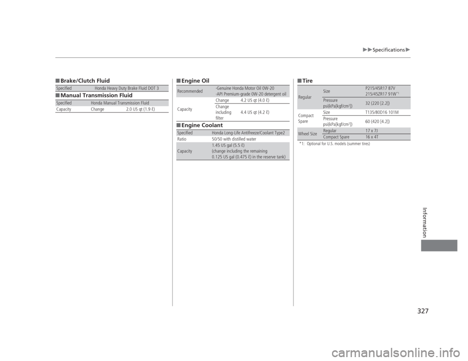 HONDA CIVIC 2012 9.G Owners Manual 327
uuSpecificationsu
Information
■Brake/Clutch Fluid
■Manual Transmission Fluid
SpecifiedHonda Heavy Duty Brake Fluid DOT 3
SpecifiedHonda Manual Transmission Fluid
Capacity Change 2.0 US qt (1.9