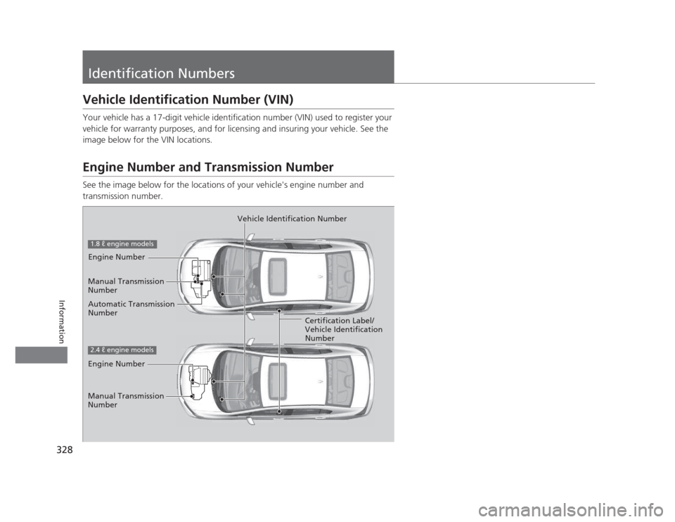 HONDA CIVIC 2012 9.G Owners Manual 328
Information
Identification Numbers
Vehicle Identification Number (VIN)
Your vehicle has a 17-digit vehicle identification number (VIN) used to register your
vehicle for warranty purposes, and f HONDA CIVIC 2012 9.G Owners Manual 328
Information
Identification Numbers
Vehicle Identification Number (VIN)
Your vehicle has a 17-digit vehicle identification number (VIN) used to register your
vehicle for warranty purposes, and f