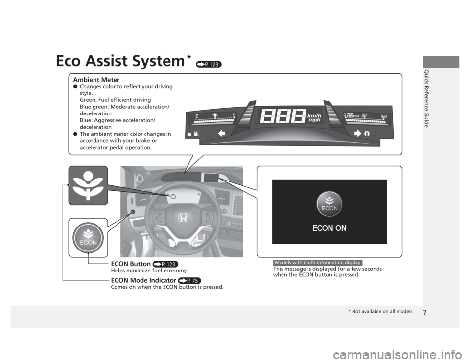 HONDA CIVIC 2012 9.G Owners Manual 7
Quick Reference GuideEco Assist System*
 (P 123)
Ambient Meter ● Changes color to reflect your driving  
style. 
Green: Fuel efficient driving 
Blue green: Moderate acceleration/
deceleration 
Blu