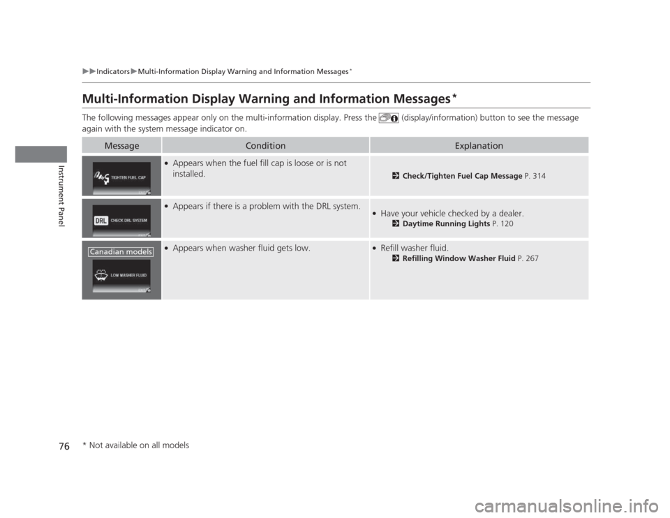 HONDA CIVIC 2012 9.G Owners Manual 76
uuIndicatorsuMulti-Information Display Warning and Information Messages *
Instrument Panel
Multi-Information Display Warning and Information Messages *
The following messages appear only on the mul