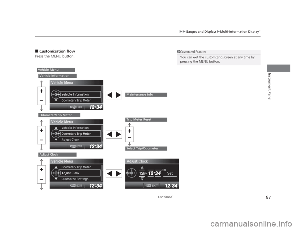HONDA CIVIC 2012 9.G Owners Manual 87
uuGauges and DisplaysuMulti-Information Display*
Continued
Instrument Panel
■
Customization flow
Press the MENU button.1Customized Features 
You can exit the customizing screen at any time by  
p