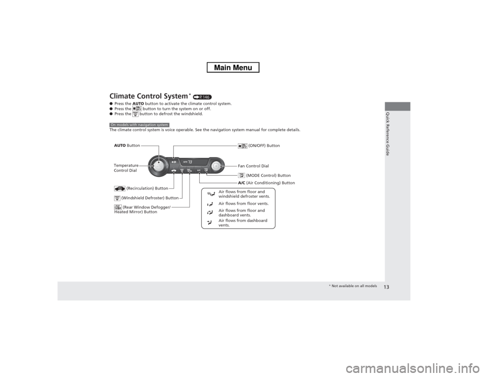HONDA CIVIC 2013 9.G Owners Manual 13Quick Reference Guide
Climate Control System
* (P146)
● Press the  AUTO button to activate the climate control system.
● Press the   button to turn the system on or off.
● Press the   button t