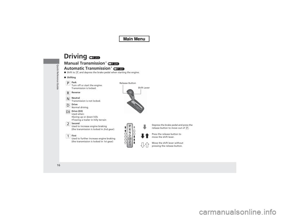 HONDA CIVIC 2013 9.G Owners Manual 16Quick Reference Guide
Driving 
(P 213)
2
1D3P
R
N
D
Release Button
Shift Lever
Depress the brake pedal and press the 
release button to move out of 
(P.
Move the shift lever without 
pressing the re