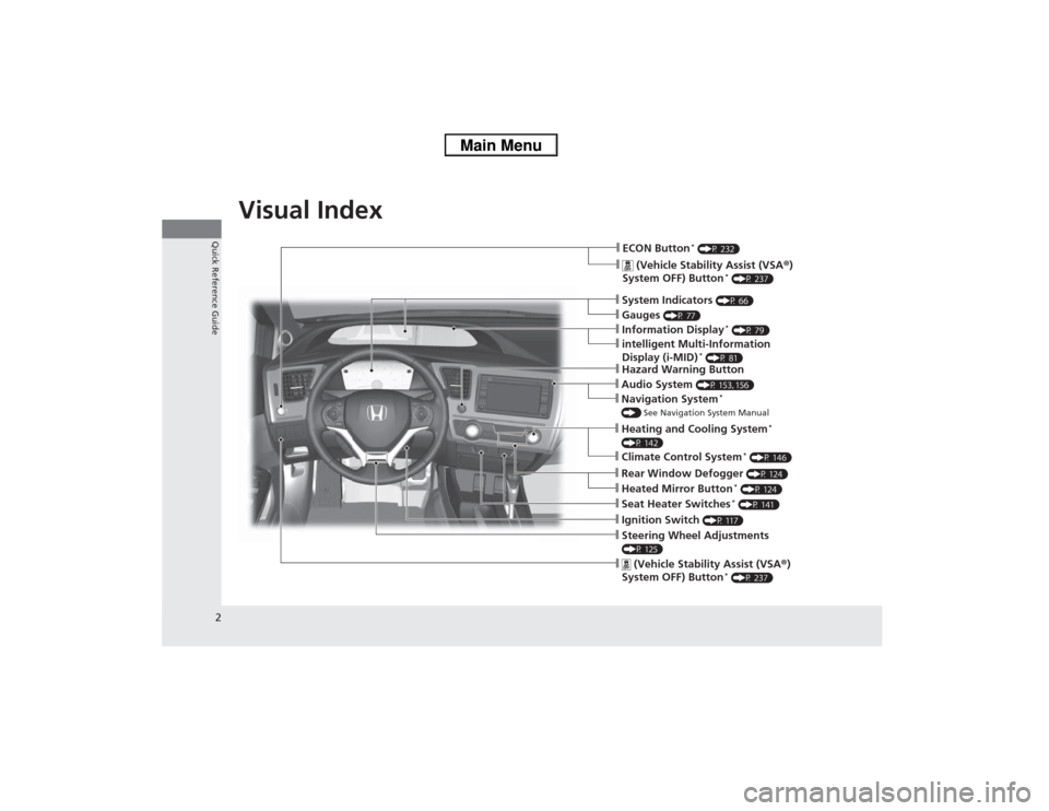 HONDA CIVIC 2013 9.G Owners Manual 2Quick Reference Guide
Quick Reference GuideVisual Index
❙Navigation System
*
() See Navigation System Manual❙Audio System
(P 153, 156)
❙Hazard Warning Button❙Seat Heater Switches
* (P 141)
HONDA CIVIC 2013 9.G Owners Manual 2Quick Reference Guide
Quick Reference GuideVisual Index
❙Navigation System
*
() See Navigation System Manual❙Audio System
(P 153, 156)
❙Hazard Warning Button❙Seat Heater Switches
* (P 141)