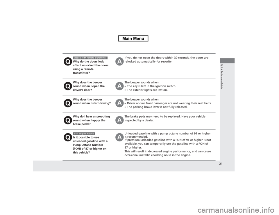 HONDA CIVIC 2013 9.G Owners Manual 21Quick Reference Guide
Why do the doors lock 
after I unlocked the doors 
using a remote 
transmitter?
If you do not open the doors within 30 seconds, the doors are 
relocked automatically for securi