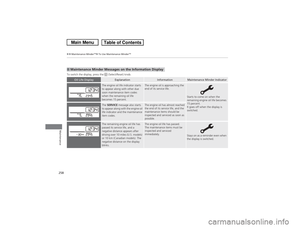 HONDA CIVIC 2013 9.G User Guide 258
uuMaintenance Minder
TMuTo Use Maintenance Minder
TM
Maintenance
To switch the display, press the   (Select/Reset) knob.■Maintenance Minder Messages on the Information Display
Oil Life Display
E