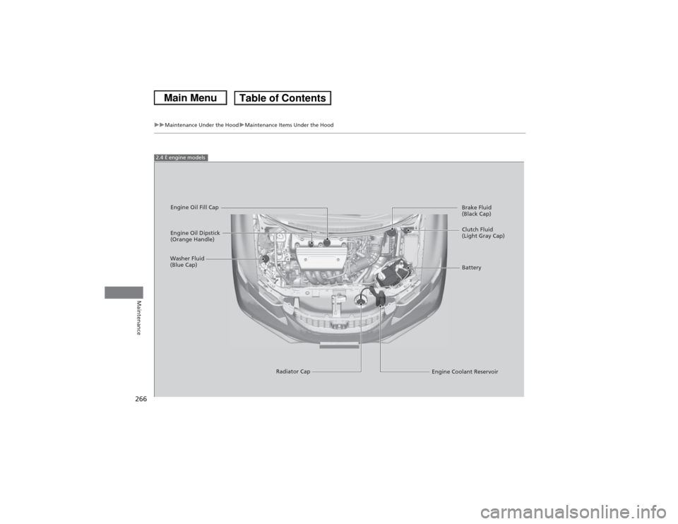 HONDA CIVIC 2013 9.G Owners Manual 266
uuMaintenance Under the Hood uMaintenance Items Under the Hood
Maintenance
2.4 ℓ engine models
Engine Oil Dipstick 
(Orange Handle)
Washer Fluid 
(Blue Cap)
Engine Coolant Reservoir
Radiator Cap