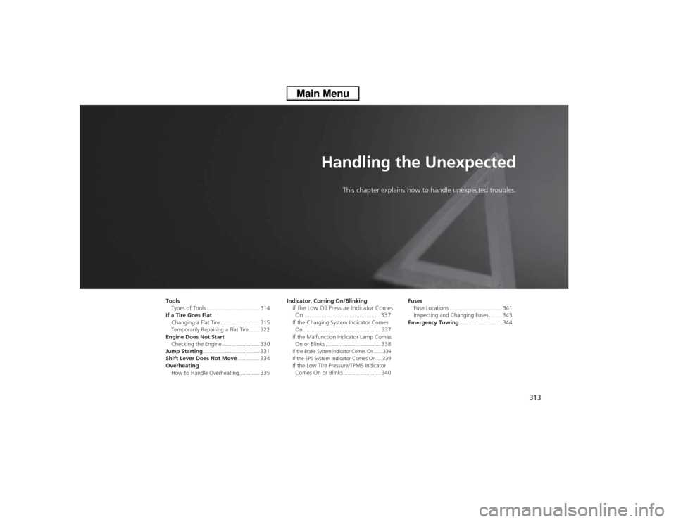 HONDA CIVIC 2013 9.G Owners Manual 313
Handling the Unexpected
This chapter explains how to handle unexpected troubles.
ToolsTypes of Tools .................................. 314
If a Tire Goes Flat Changing a Flat Tire ...............