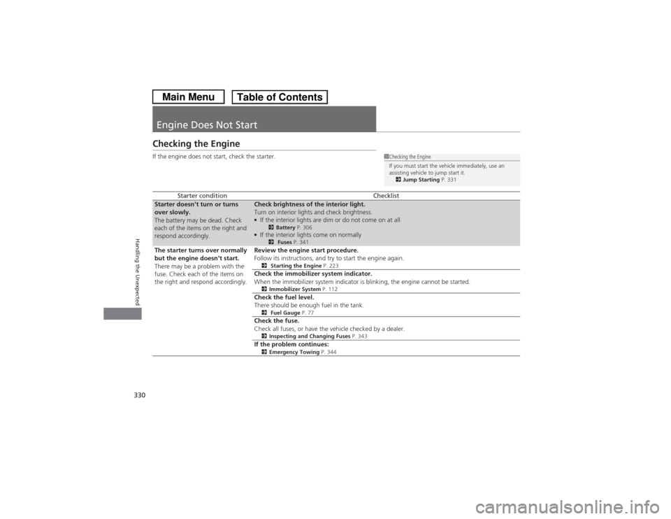 HONDA CIVIC 2013 9.G Owners Manual 330Handling the Unexpected
Engine Does Not StartChecking the EngineIf the engine does not start, check the starter.
Starter condition
Checklist
Starter doesn’t turn or turns 
over slowly.
The batter