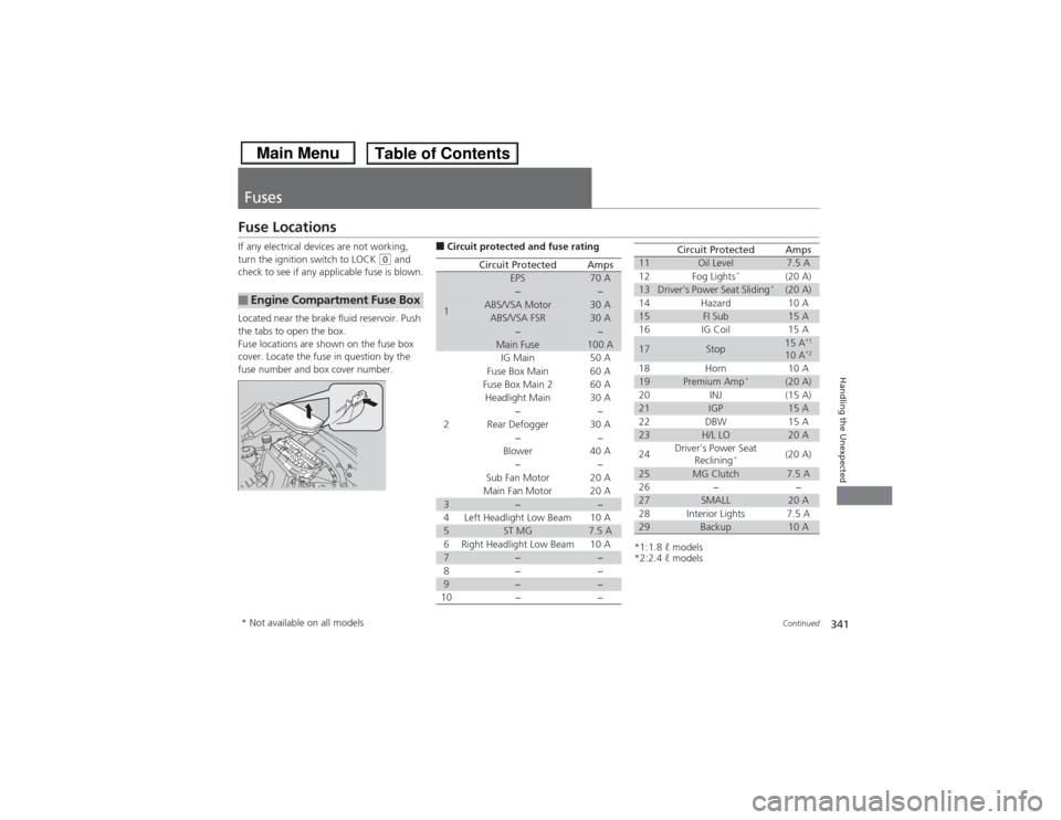 HONDA CIVIC 2013 9.G Owners Manual 341
Continued
Handling the Unexpected
FusesFuse LocationsIf any electrical devices are not working, 
turn the ignition switch to LOCK 
(0 and 
check to see if any applicable fuse is blown.
Located nea