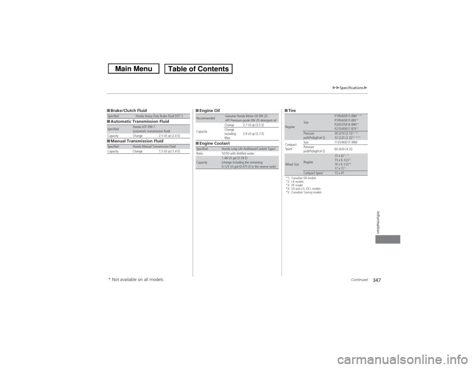 HONDA CIVIC 2013 9.G Owners Manual 347
uuSpecifications u
Continued
Information
■Brake/Clutch Fluid
■ Automatic Transmission Fluid
■ Manual Transmission FluidSpecified
Honda Heavy Duty Brake Fluid DOT 3
Specified
Honda ATF DW-1
(