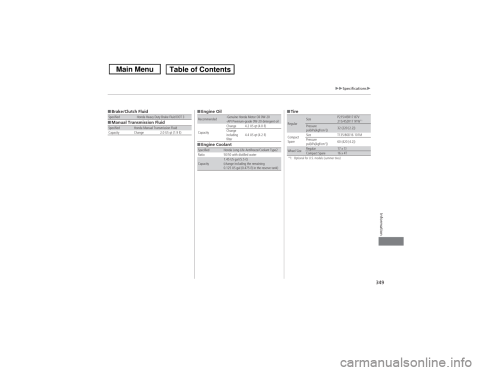 HONDA CIVIC 2013 9.G Owners Manual 349
uuSpecifications u
Information
■Brake/Clutch Fluid
■ Manual Transmission FluidSpecified
Honda Heavy Duty Brake Fluid DOT 3
Specified
Honda Manual Transmission Fluid
Capacity Change 2.0 US qt (