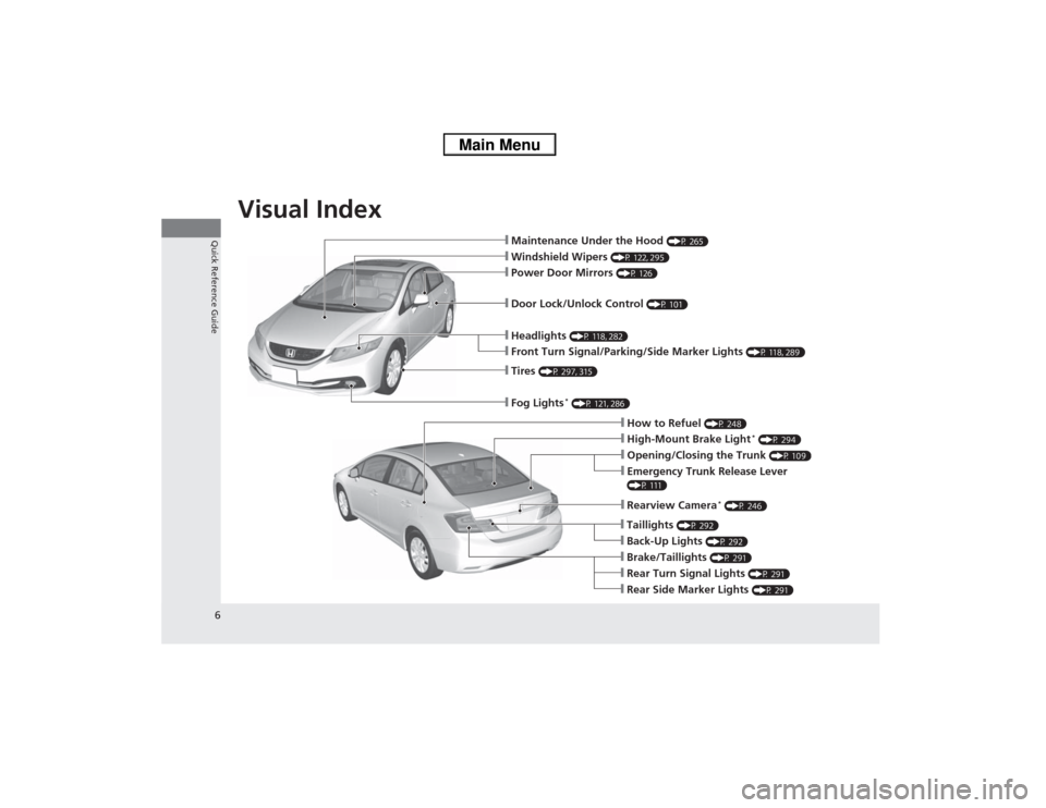 HONDA CIVIC 2013 9.G Owners Manual Visual Index
6Quick Reference Guide
❙Maintenance Under the Hood 
(P 265)
❙Windshield Wipers 
(P 122, 295)
❙Tires 
(P 297, 315)
❙Fog Lights
* (P 121, 286)
❙Door Lock/Unlock Control 
(P 101)
�