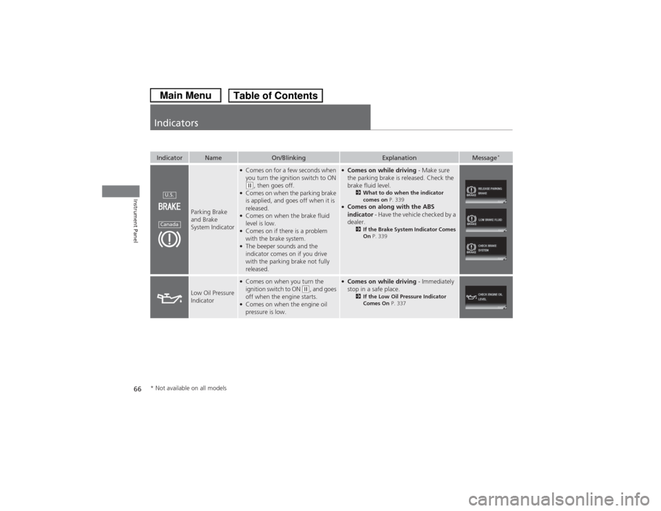 HONDA CIVIC 2013 9.G Owners Manual 66Instrument Panel
IndicatorsIndicator
Name
On/Blinking
Explanation
Message
*
Parking Brake 
and Brake 
System Indicator
●Comes on for a few seconds when 
you turn the ignition switch to ON (w, then