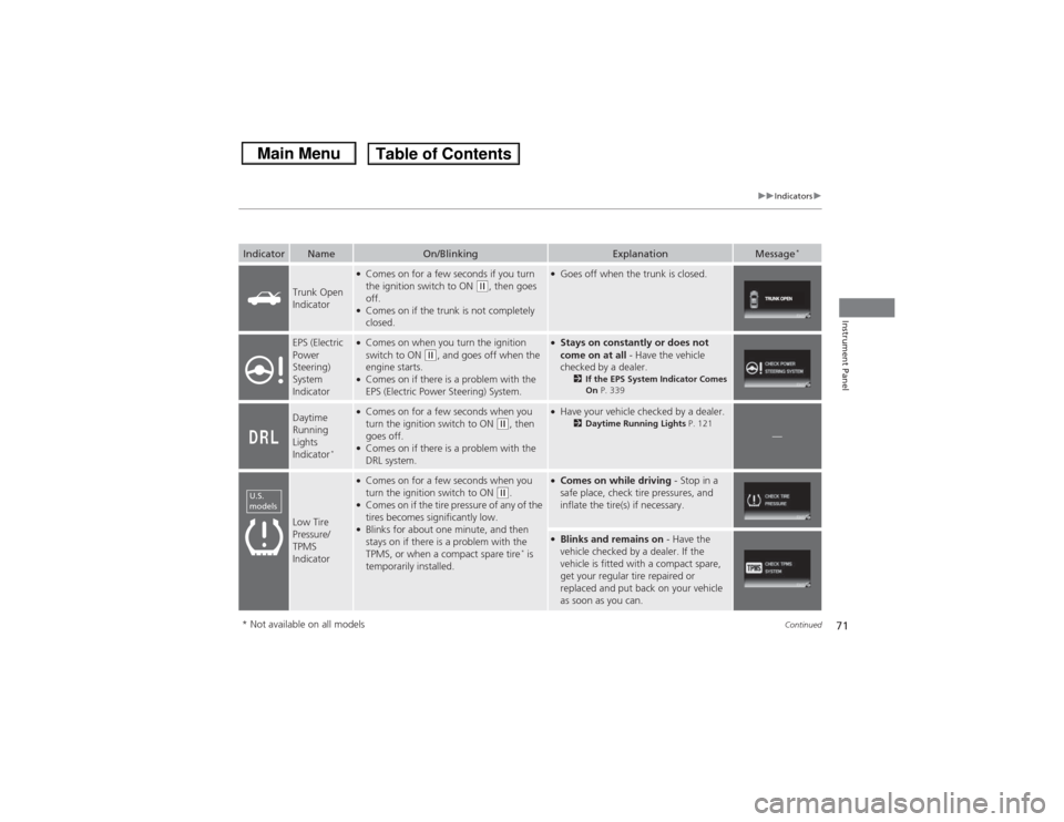 HONDA CIVIC 2013 9.G Manual PDF 71
uuIndicators u
Continued
Instrument Panel
Indicator
Name
On/Blinking
Explanation
Message
*
Trunk Open 
Indicator
●Comes on for a few seconds if you turn 
the ignition switch to ON 
(w, then goes 