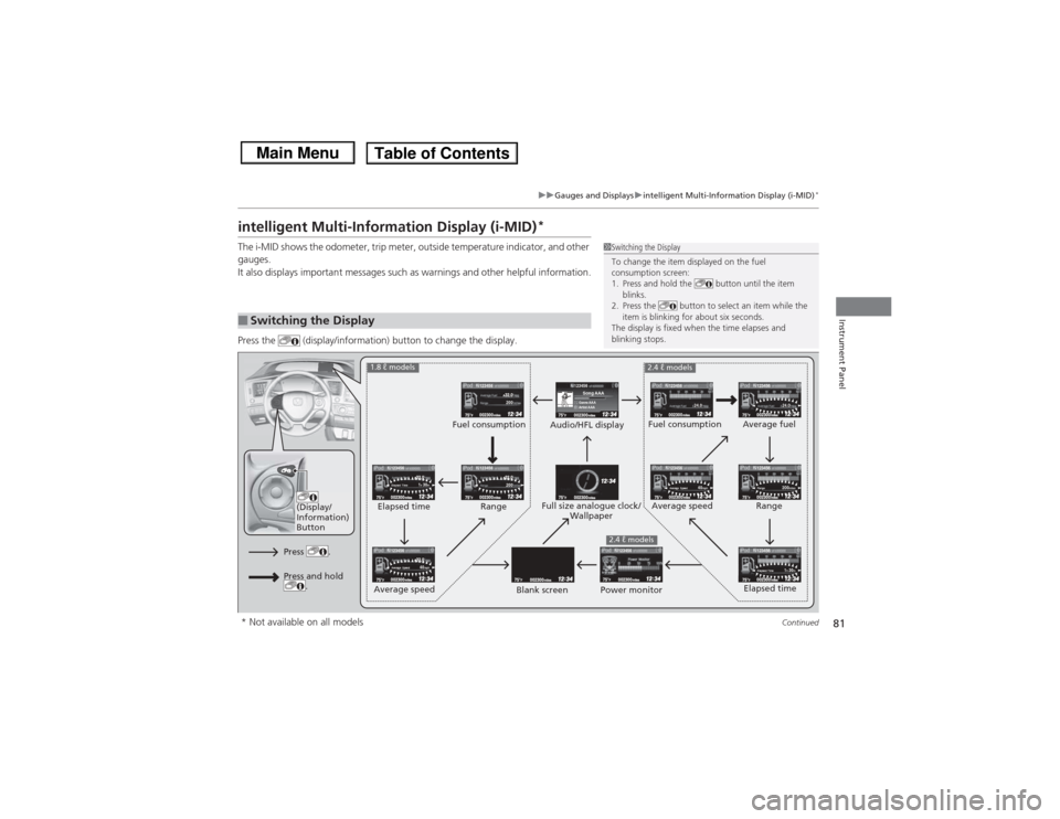 HONDA CIVIC 2013 9.G Owners Manual 81
uuGauges and Displays uintelligent Multi-Info rmation Display (i-MID)
*
Continued
Instrument Panel
intelligent Multi-Information Display (i-MID)
*
The i-MID shows the odometer, trip meter, outside 