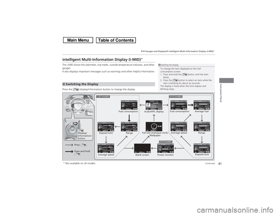 HONDA CIVIC 2013 9.G Owners Manual 81
uuGauges and Displays uintelligent Multi-Info rmation Display (i-MID)
*
Continued
Instrument Panel
intelligent Multi-Information Display (i-MID)
*
The i-MID shows the odometer, trip meter, outside 