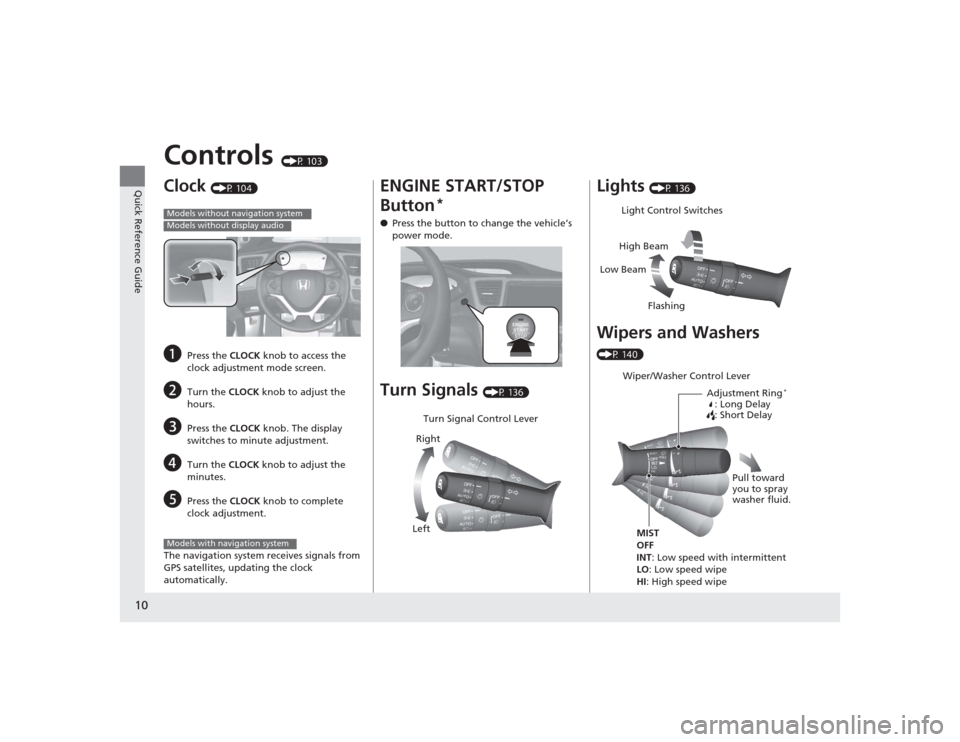 HONDA CIVIC 2014 9.G User Guide 10Quick Reference Guide
Controls
(P 103)
Clock
(P 104)
a
Press the CLOCK knob to access the
clock adjustment mode screen.
b
Turn the CLOCK knob to adjust the
hours.
c
Press the CLOCK knob. The d HONDA CIVIC 2014 9.G User Guide 10Quick Reference Guide
Controls
(P 103)
Clock
(P 104)
a
Press the CLOCK knob to access the
clock adjustment mode screen.
b
Turn the CLOCK knob to adjust the
hours.
c
Press the CLOCK knob. The d
