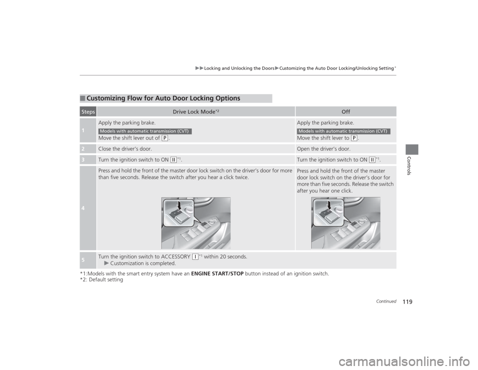 HONDA CIVIC 2014 9.G Owners Manual 119
uuLocking and Unlocking the Doors uCustomizing the Auto Door Locking/Unlocking Setting
*
Continued
Controls
*1:Models with the smart entry system have an  ENGINE START/STOP button instead of an ig