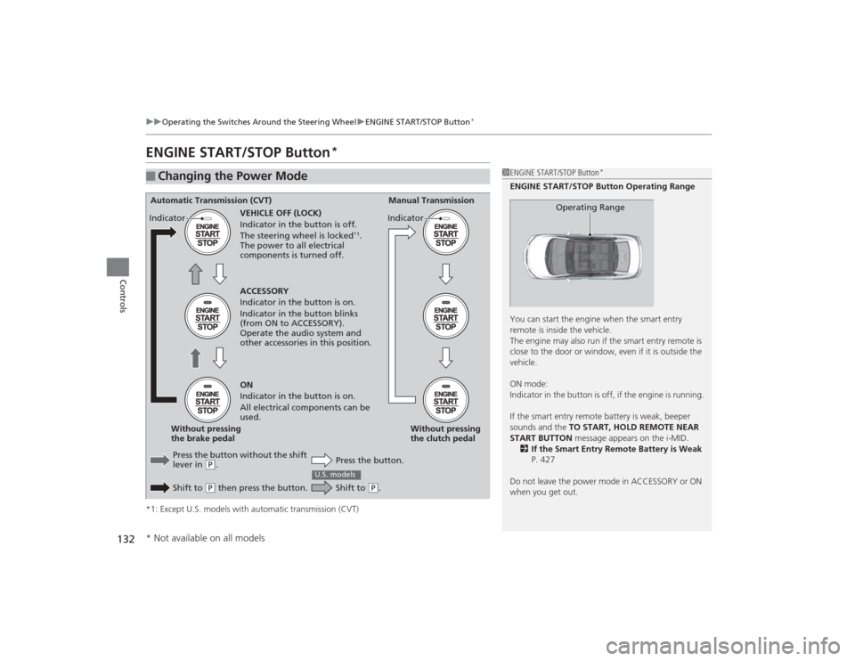 HONDA CIVIC 2014 9.G Owners Manual 132
uuOperating the Switches Around the Steering Wheel uENGINE START/STOP Button
*
Controls
ENGINE START/STOP Button
*
*1: Except U.S. models with automatic transmission (CVT)■
Changing the Power Mo