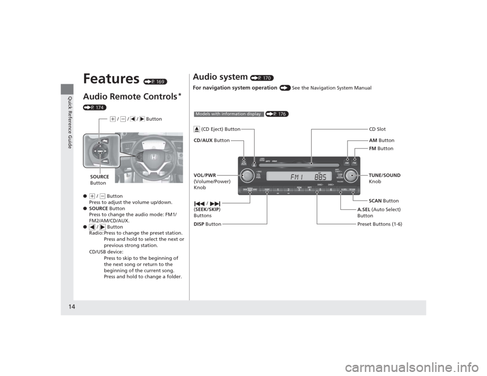 HONDA CIVIC 2014 9.G Owners Manual 14Quick Reference Guide
Features 
(P 169)
Audio Remote Controls
* 
(P 174)
●
(+ / ( - Button
Press to adjust the volume up/down.
● SOURCE  Button
Press to change the audio mode: FM1/
FM2/AM/CD/AUX