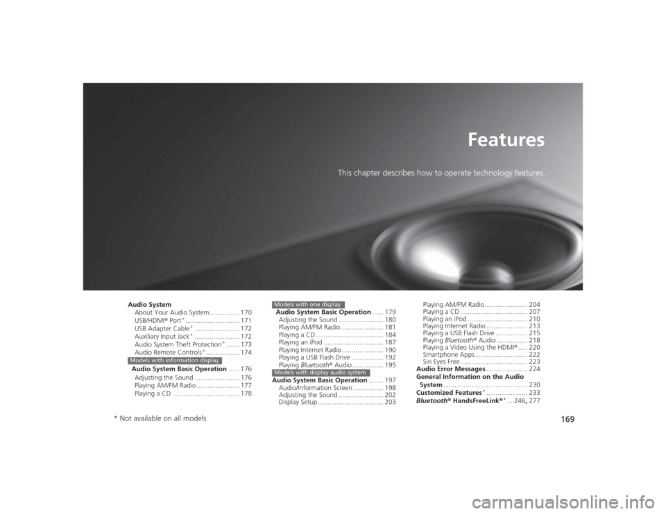 HONDA CIVIC 2014 9.G Owners Manual 169
Features
This chapter describes how to operate technology features.
Audio SystemAbout Your Audio System ................ 170
USB/HDMI ® Port
*............................. 171
USB Adapter Cable*.