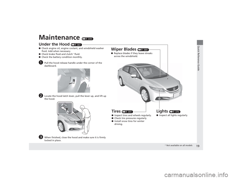 HONDA CIVIC 2014 9.G User Guide 19Quick Reference Guide
Maintenance 
(P 349)
Under the Hood 
(P 361)
● Check engine oil, engine coolant, and windshield washer 
fluid. Add when necessary.
● Check brake fluid and clutch* fluid.
�