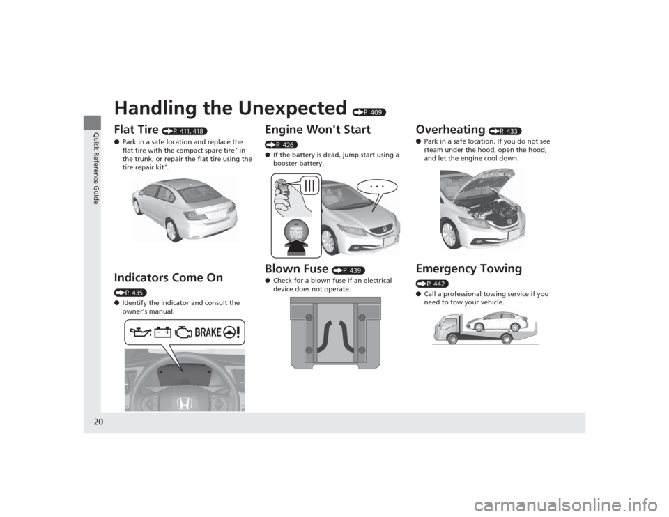 HONDA CIVIC 2014 9.G Owners Manual 20Quick Reference Guide
Handling the Unexpected 
(P 409)
Flat Tire 
(P 411, 418)
● Park in a safe location and replace the 
flat tire with the compact spare tire
* in 
the trunk, or repair the flat 