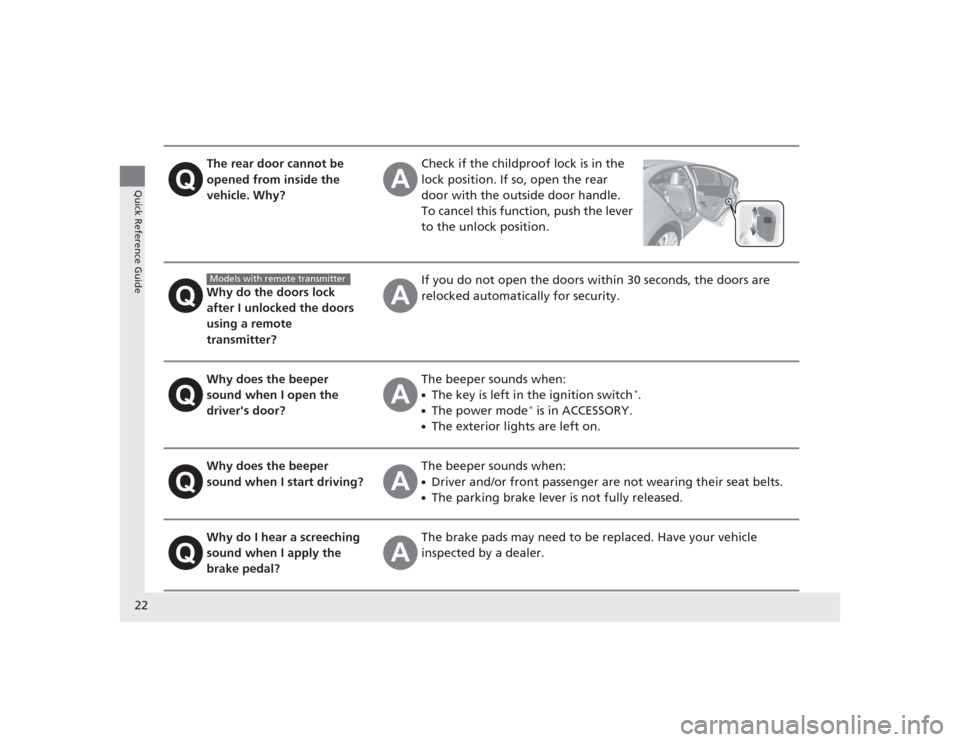 HONDA CIVIC 2014 9.G Owners Manual 22Quick Reference Guide
The rear door cannot be 
opened from inside the 
vehicle. Why?
Check if the childproof lock is in the 
lock position. If so, open the rear 
door with the outside door handle.
T
